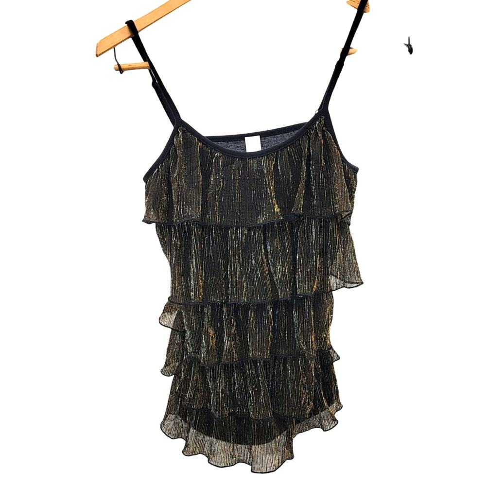 Y2K 00s Festive fairy Tiered Ruffled Sheer Flowy Metallic Camisole tank top sz M